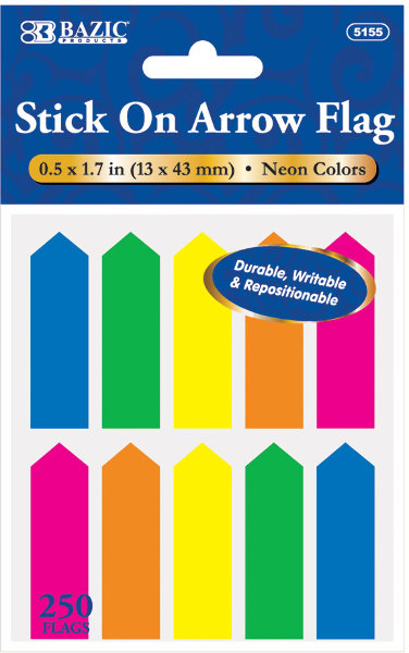 BAZIC Neon Page Markers 0.5x1.7 Arrow Flag Tabs  (250 Flags/Pack)  1-Pack