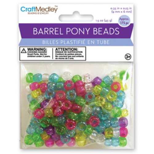 Craft Medley Barrel Pony Beads - Multicolor  Sparkle  Package of 175