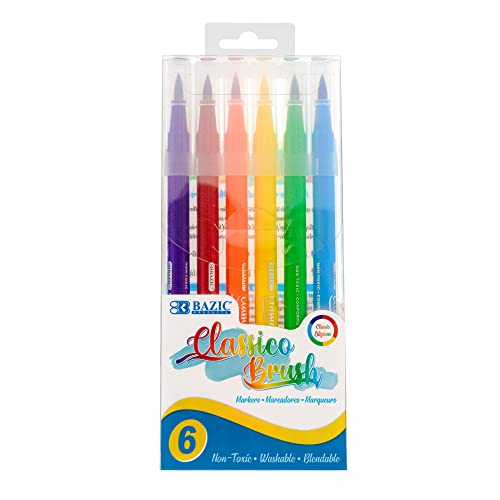 BAZIC 6 Primary Colors Classico Brush Markers  Fine Line Washable Coloring Marker  Non Toxic Art Supplies (6/Pack)  1-Pack