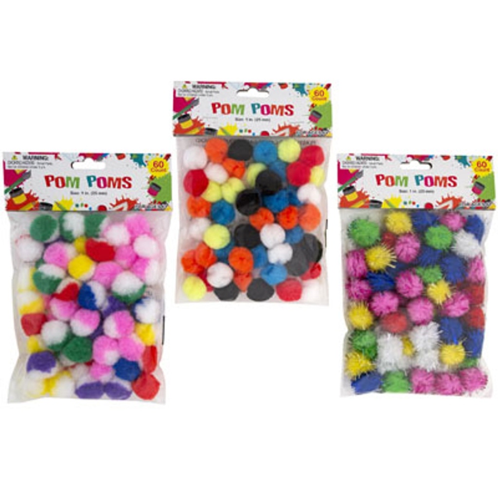 G28192T 1 in. 3 Assorted Styles Craft Pom-Poms with Marble Solid Tinsel Craft in PBH - 60 Count