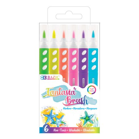 BAZIC Brush Markers 6 Neon Colors  Fine Line Washable Coloring Marker (6/Pack)  1-Pack