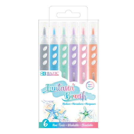 BAZIC Brush Markers 6 Pastel Colors  Fine Line Washable Coloring Marker (6/Pack)  1-Pack