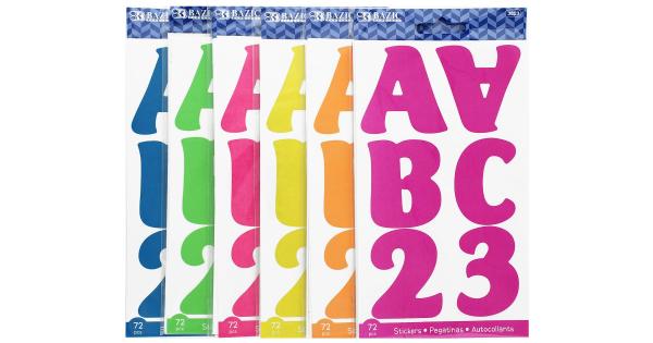BAZIC Alphabet Numbers Stickers 6 Neon 2  A to Z 0 to 9 Sticker (72/Pack)  6-Packs
