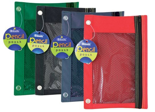 BAZIC 3 Ring Pencil Pouch  Mesh Window  Assorted Color  4-Pack