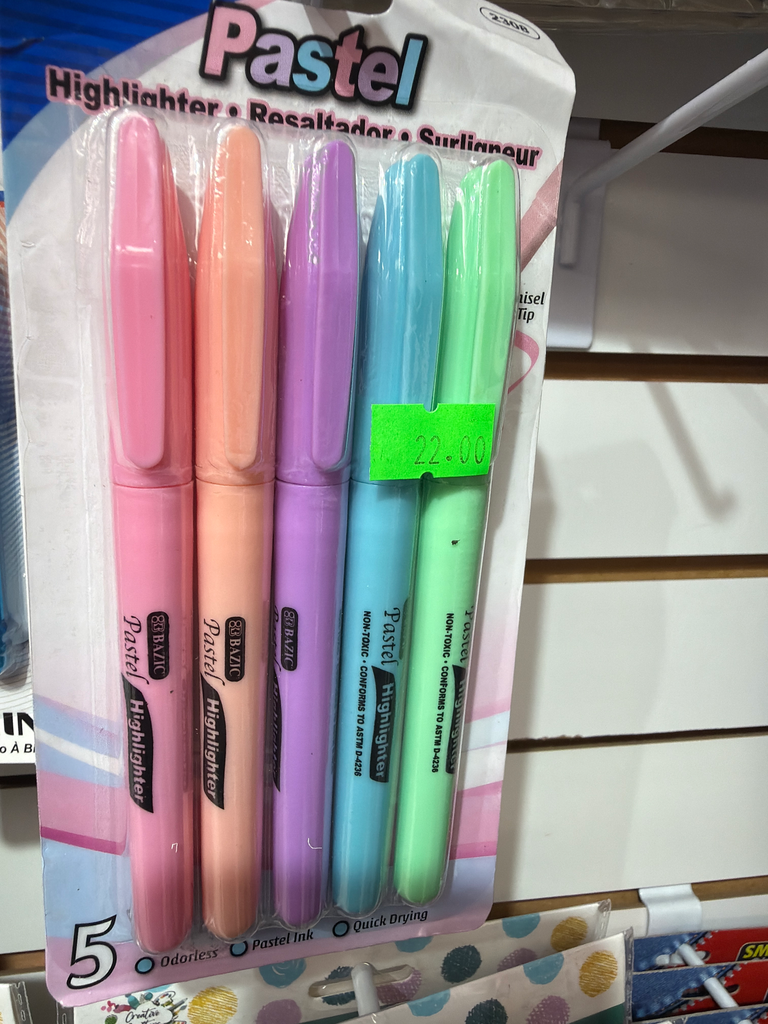 BAZIC Pastel Highlighter Assorted Color Pen Style  Chisel Tip Broad Fine Line Highlighters (5/Pack)